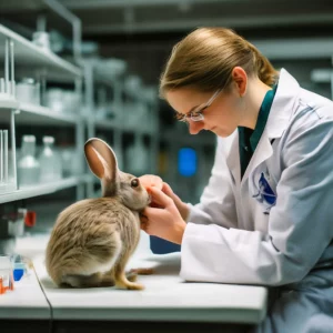 Исследование сердца и кролики - лаборантка исследует сердце кролика